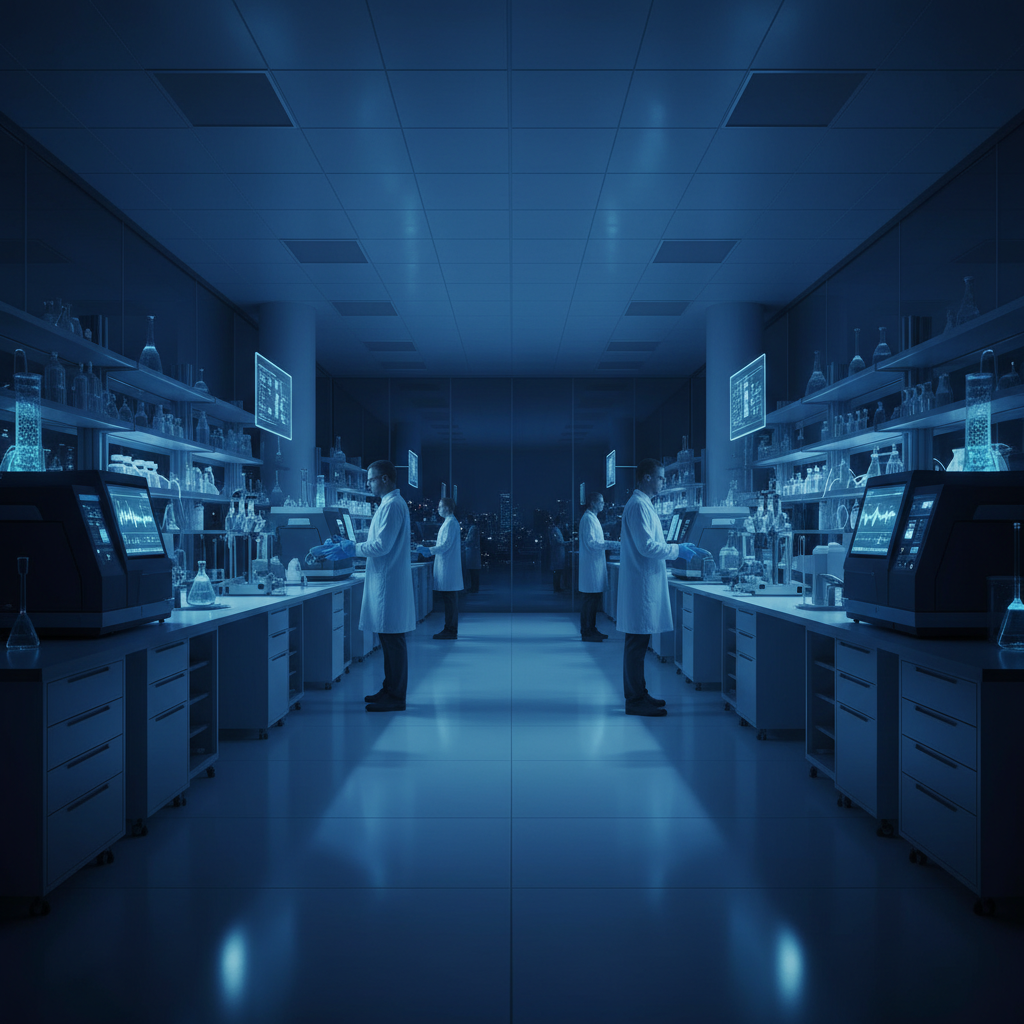 A modern medical research lab with blue lighting, high-tech equipment, professional atmosphere, clean layout, high contrast, no text