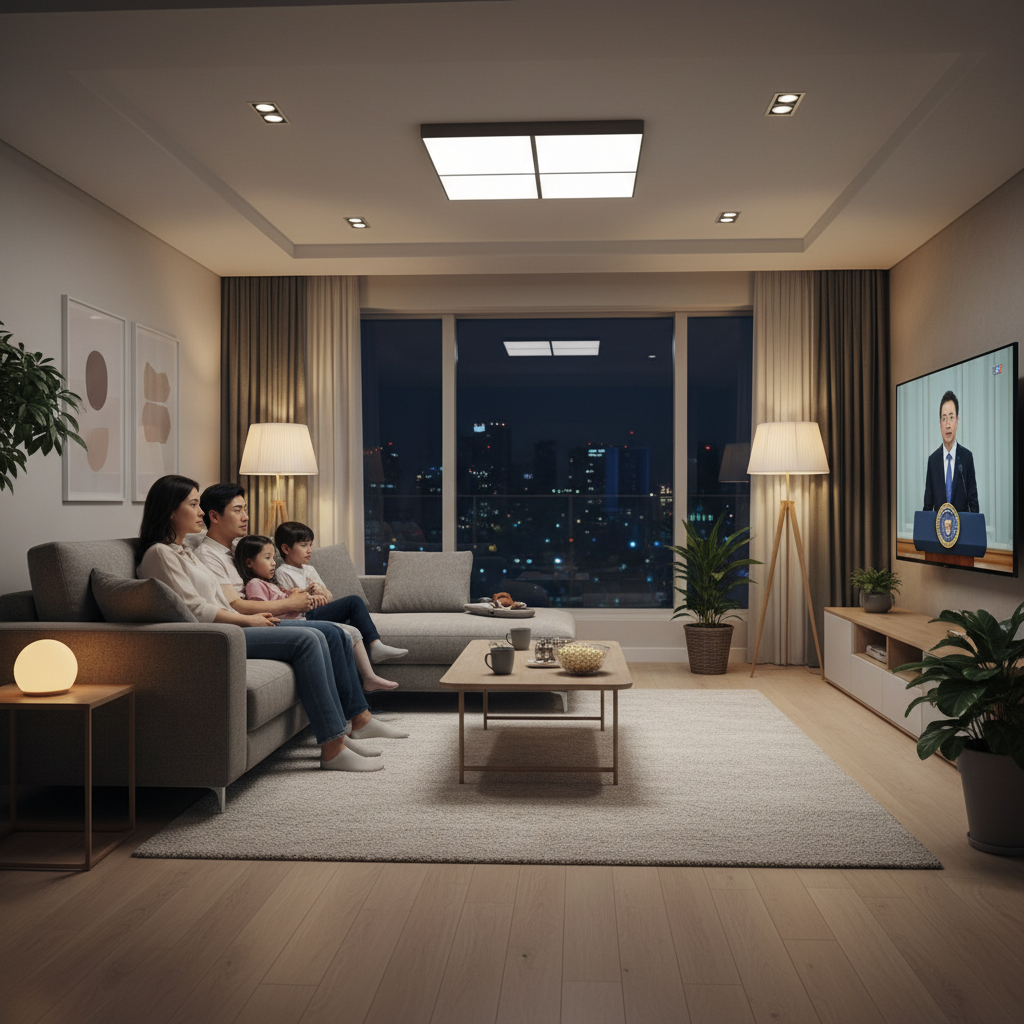 A cozy Korean modern living room at night, a family is gathered watching a presidential speech on a large screen TV, warm ambient lighting, high quality photography, no text