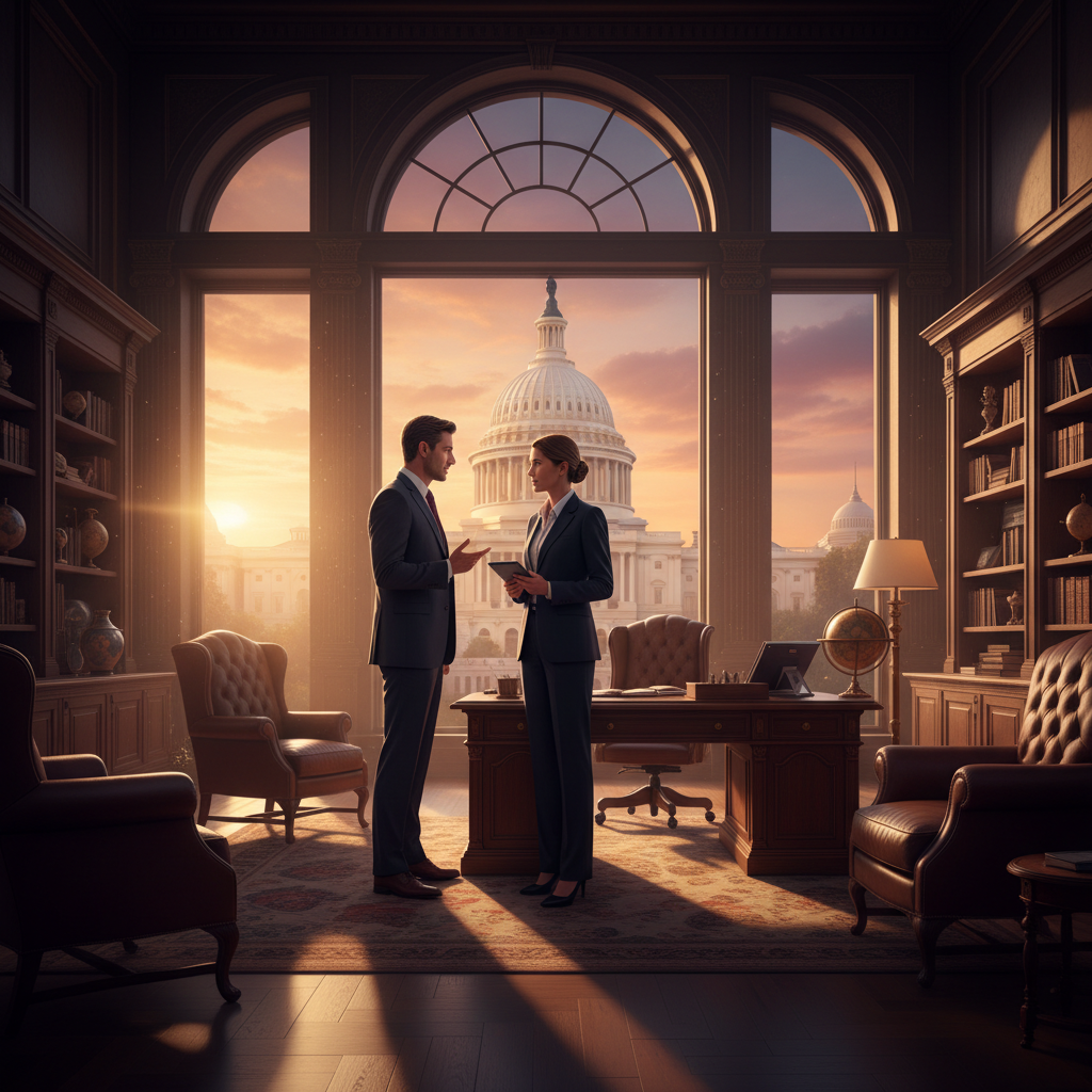 Two professional figures in suits discussing in a grand office with a view of a government building, sunset lighting, cinematic composition, no text