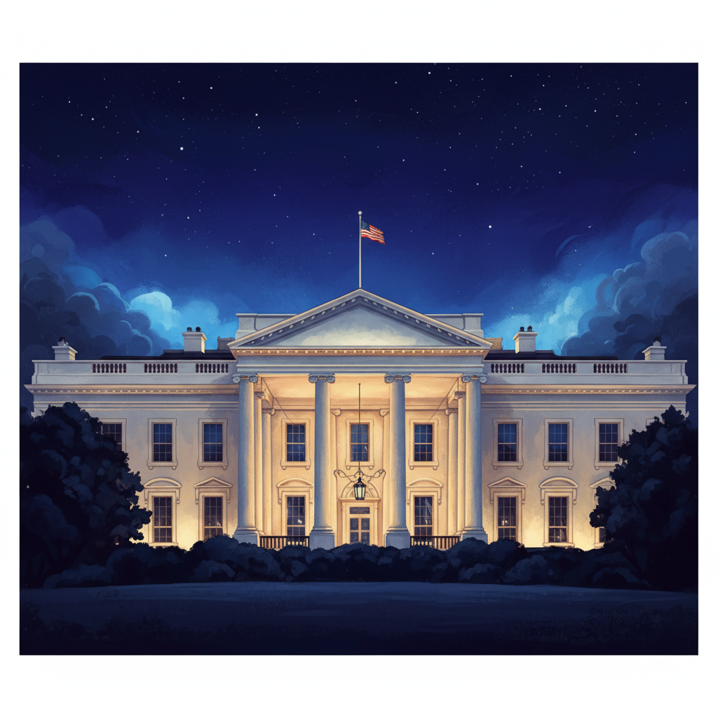 The White House at night with elegant lighting, majestic architectural details, dark blue sky with a hint of stars, artistic rendering, textured background, no text