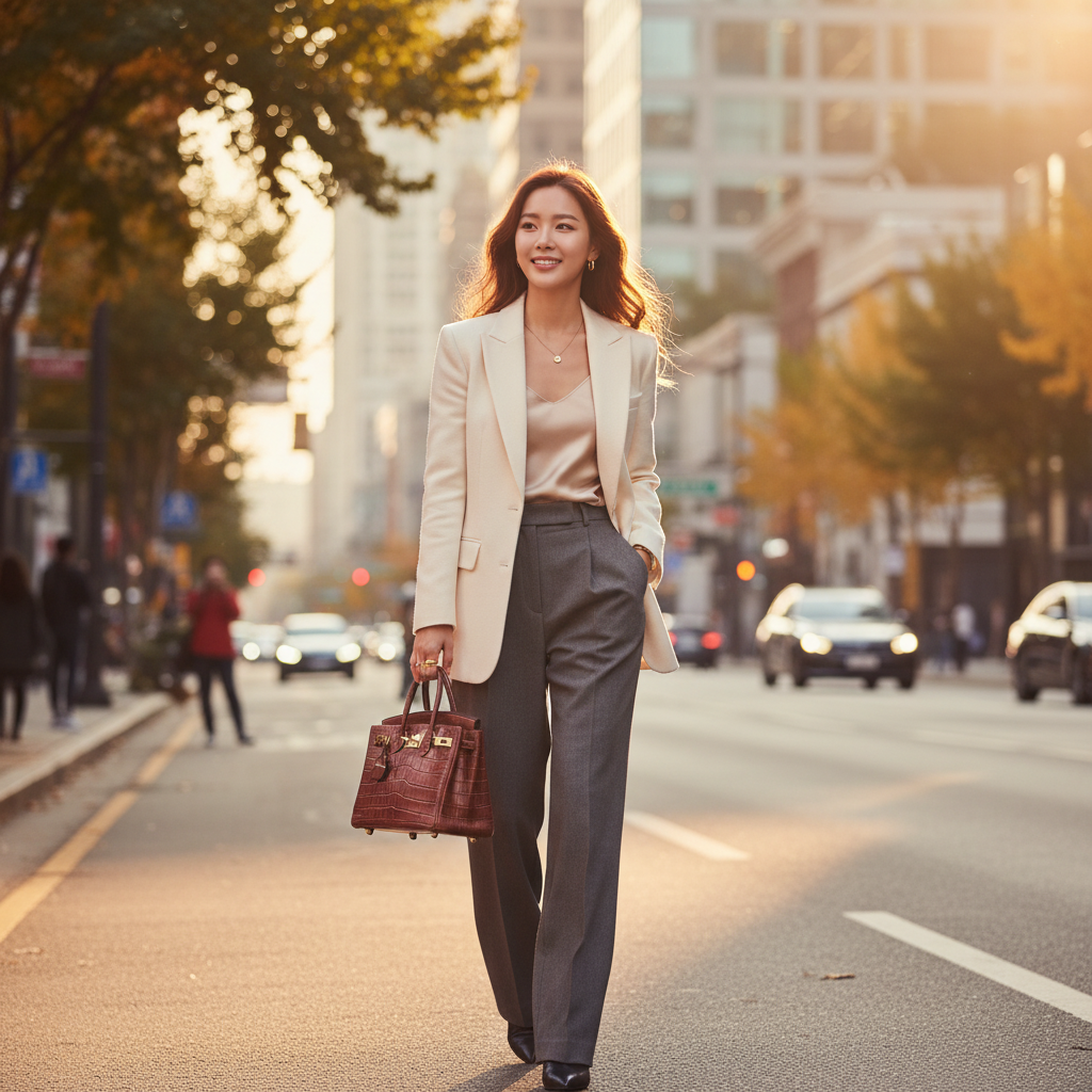 Lifestyle photography of a stylish Korean woman walking through a city street, carrying a Hermes Birkin bag, warm lighting, natural setting, blurred city background, no text