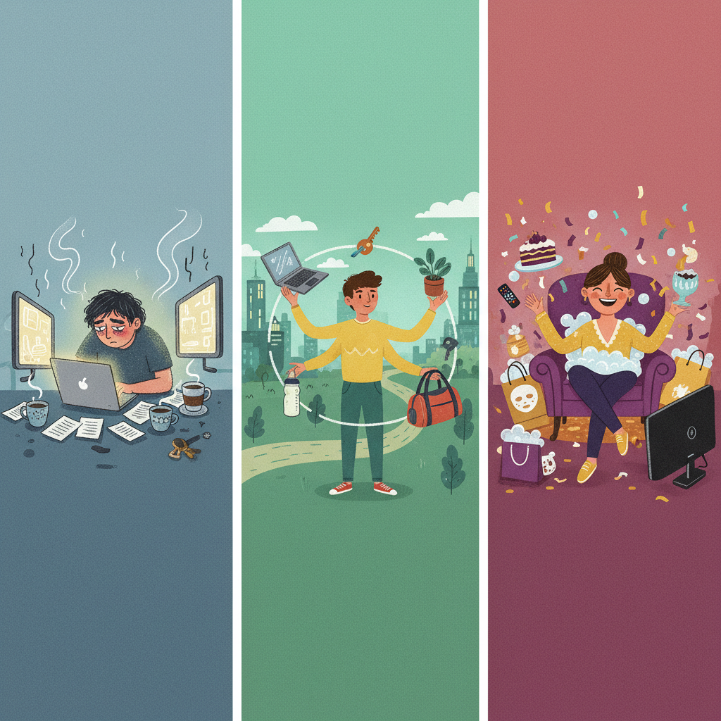 An artistic rendering illustrating modern lifestyle trends: one person looking burnt out, another juggling work and life elements for "work-life balance", and a third person enjoying small luxuries for "탕진잼". Style: illustration, artistic rendering, textured background. No text.