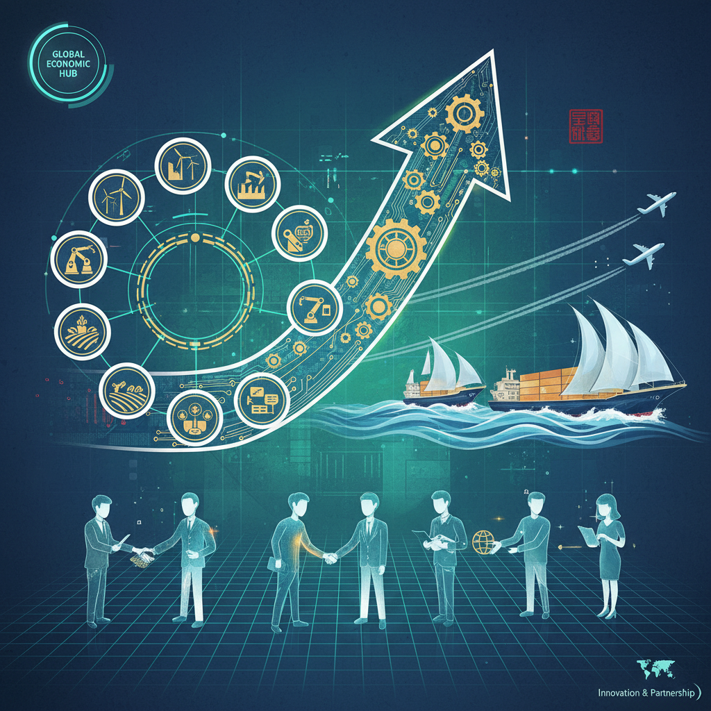 illustration, artistic rendering, textured background, an infographic-style illustration of a flourishing Chinese economy with diverse industries, international trade ships, and people collaborating, symbolizing transparency and global integration, clean and modern layout, high contrast. No visible text in image. If UI elements needed, English-only minimal text. Never use Korean characters.