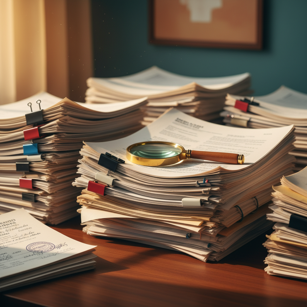 Stacks of legal documents and a magnifying glass on a wooden desk, lifestyle photography, warm lighting, colored background, no text