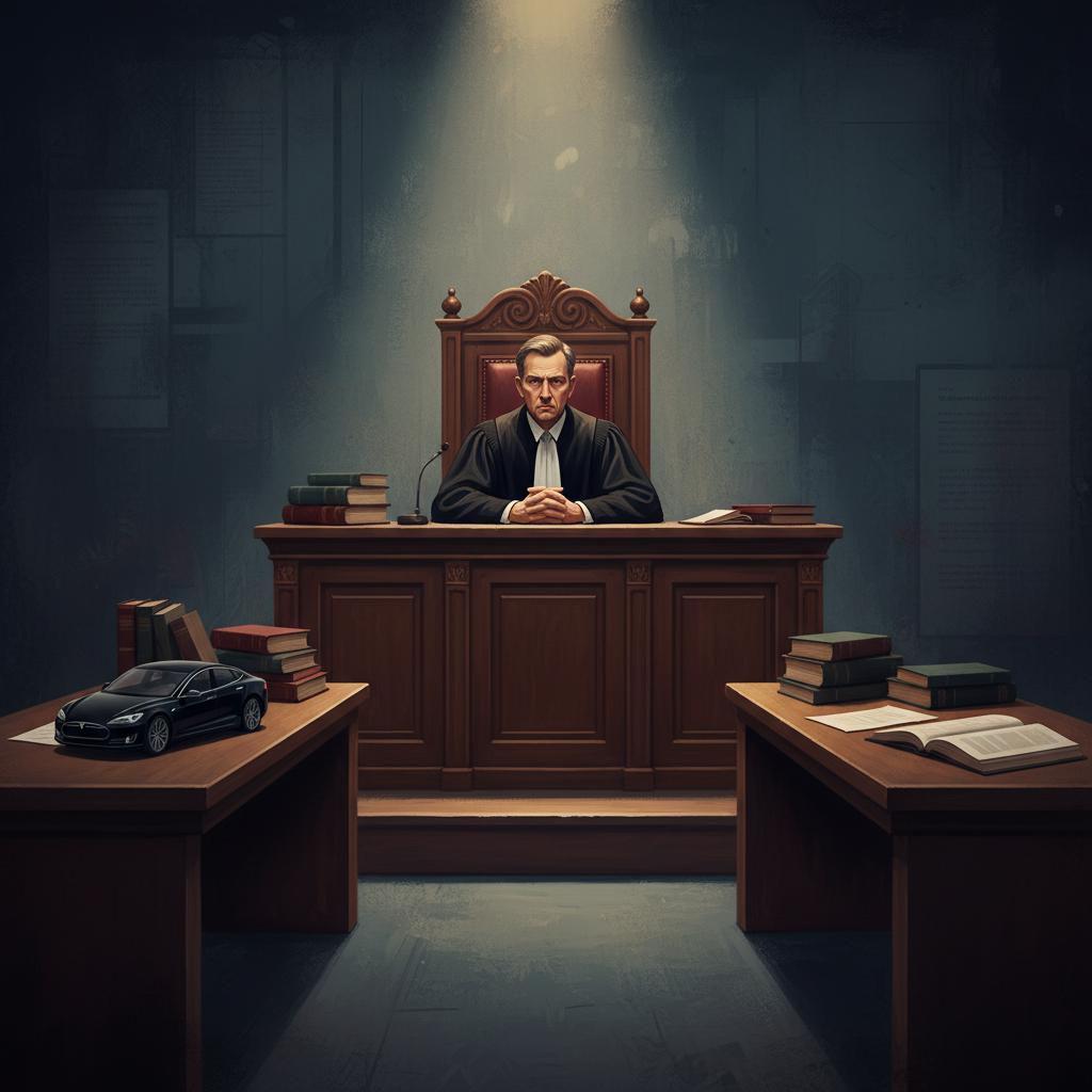 A courtroom scene with a judge's bench and lawyer tables, a miniature Tesla car model on one table, artistic rendering, textured background, dim lighting focusing on the judge, no text