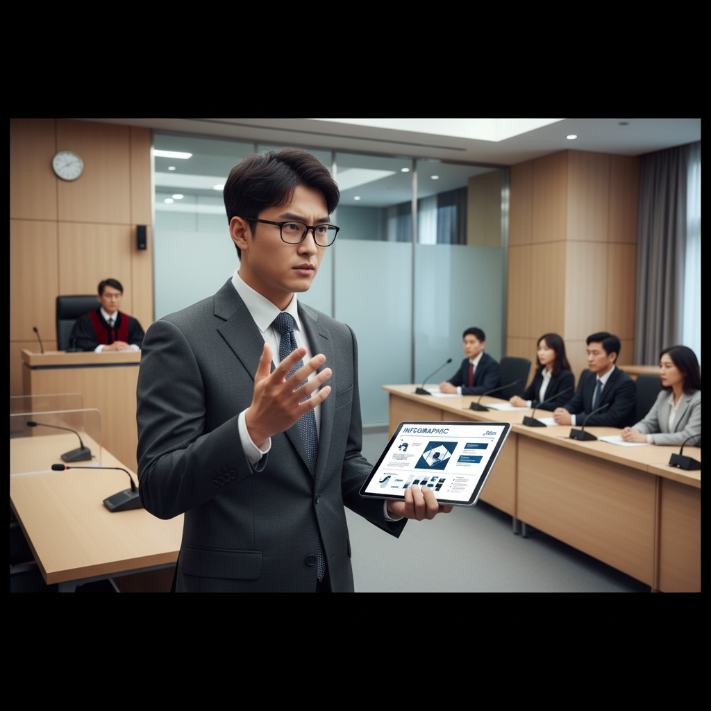 A Korean male lawyer, resembling a young Bill Gates, confidently arguing in a modern courtroom. He is dressed in a suit, with focused eyes, presenting a case to a judge and jury. The background shows a clean, structured courtroom interior with soft, balanced lighting. Clean infographic, modern layout, high contrast. No visible text, no empty margins.