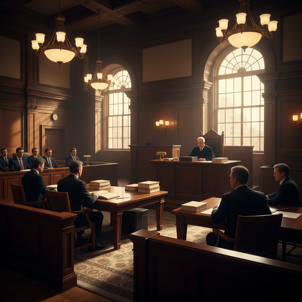 A serious courtroom setting in Manhattan with wooden furniture and warm lighting, professional photography, high contrast, no text