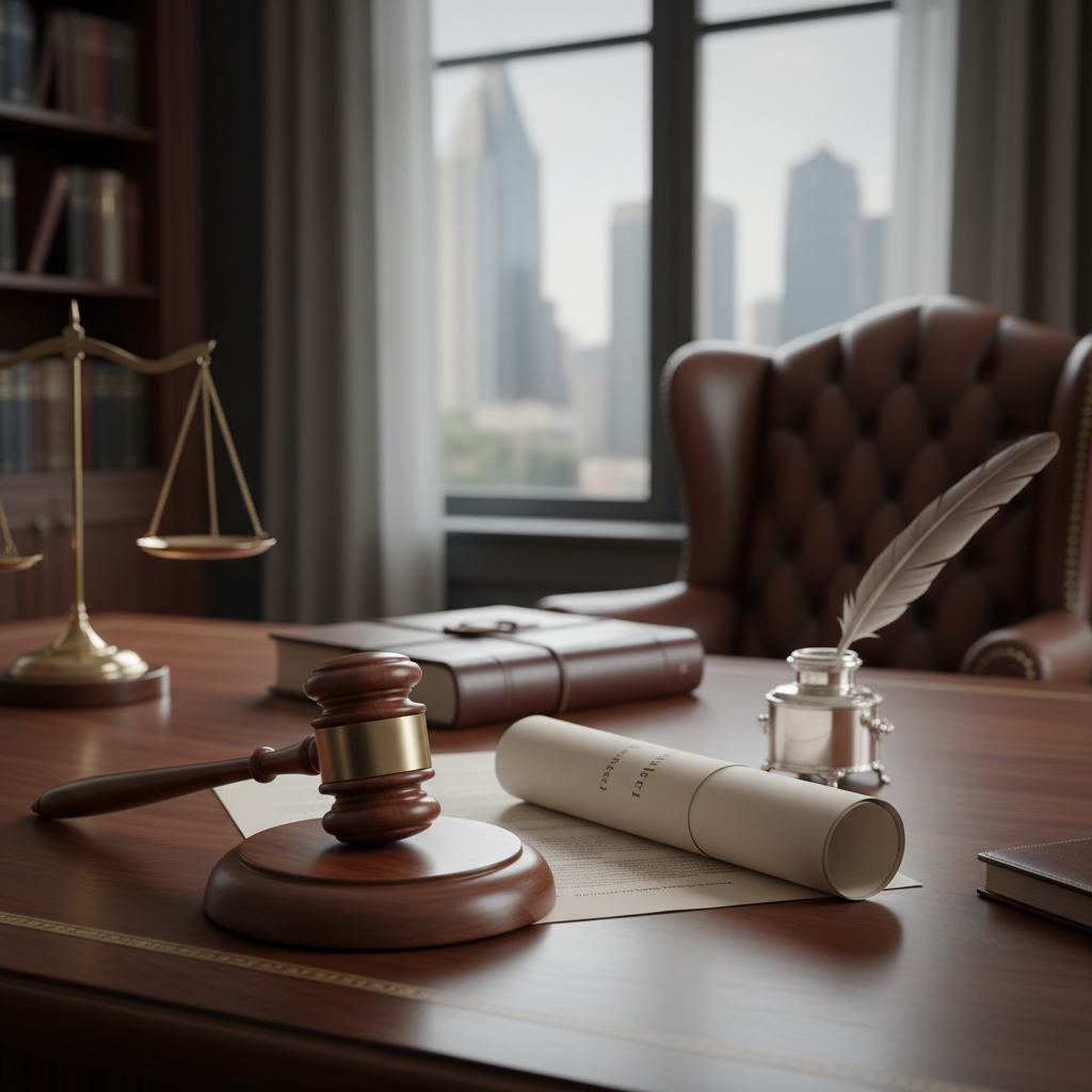 A wooden gavel and a legal document on a desk in a high end law firm, balanced lighting, professional photography, no text