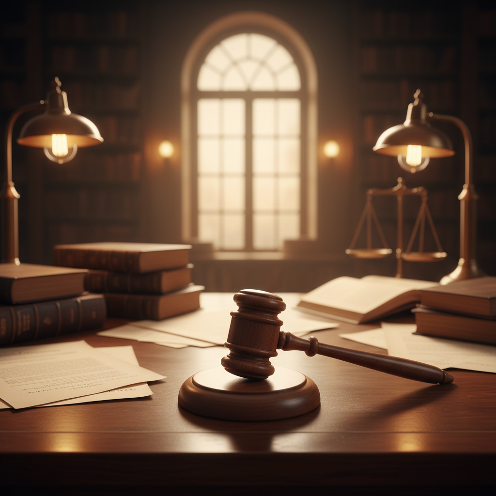 A wooden gavel resting on a desk with legal documents in the background, warm library lighting, classic and serious atmosphere, no text