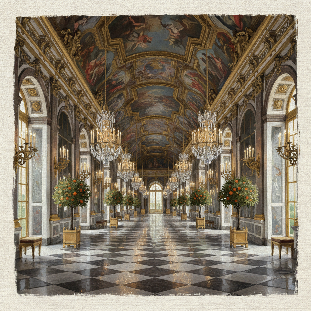 A detailed artistic rendering illustration of the opulent Hall of Mirrors inside the Palace of Versailles, showcasing ornate decorations, chandeliers, and reflections. Textured background, no text.