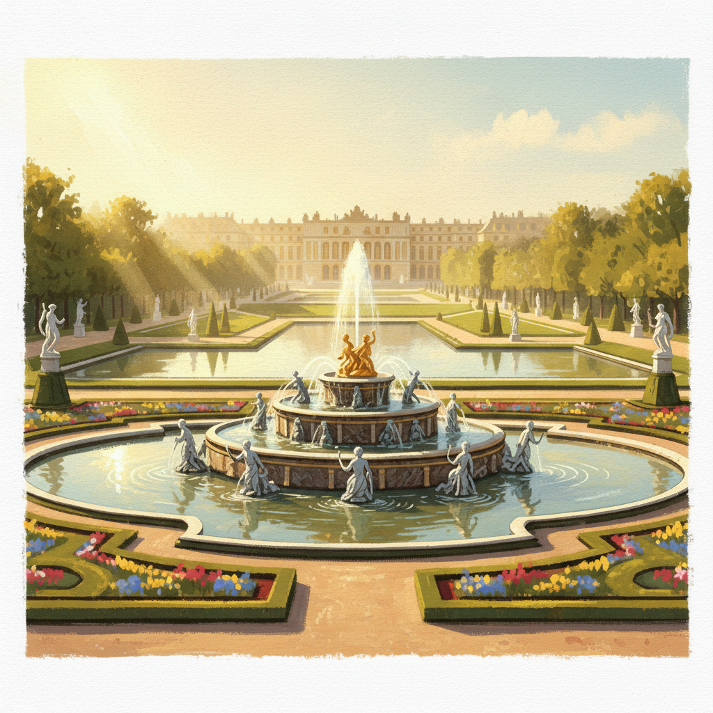 An artistic illustration of the magnificent gardens of the Palace of Versailles, featuring intricate landscaping and a grand fountain, bathed in sunlight. Textured background, no text.