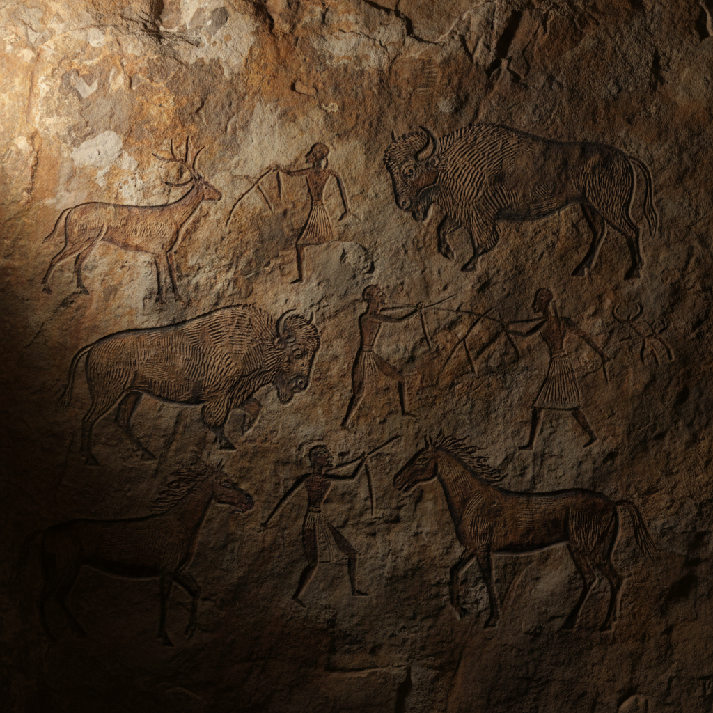 An artistic rendering of detailed ancient cave engravings from Vézère Valley, France, showing intricate animal and human figures on a textured rock surface, strong contrast, warm lighting, no visible text, no Korean characters.