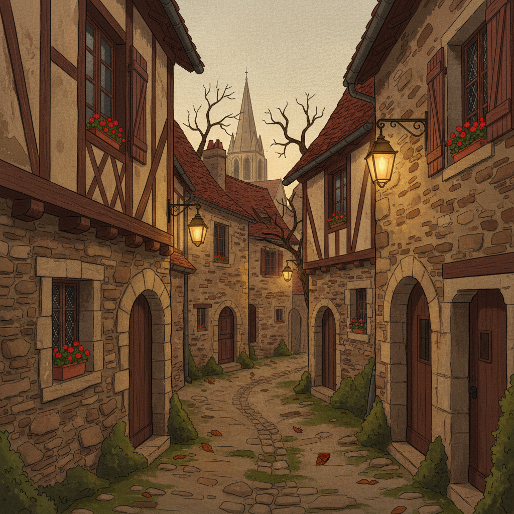 An artistic rendering of a charming medieval alleyway in Vézelay village, with stone buildings and historical details, warm lighting, textured background, illustration style, 4:3 aspect ratio, no text.