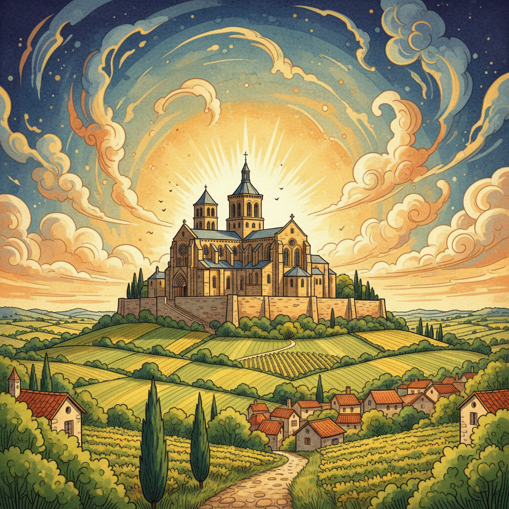 An artistic rendering of Vézelay's basilica on a hill, with a textured background depicting a vibrant French countryside, historical illustration style, 4:3 aspect ratio, no text.