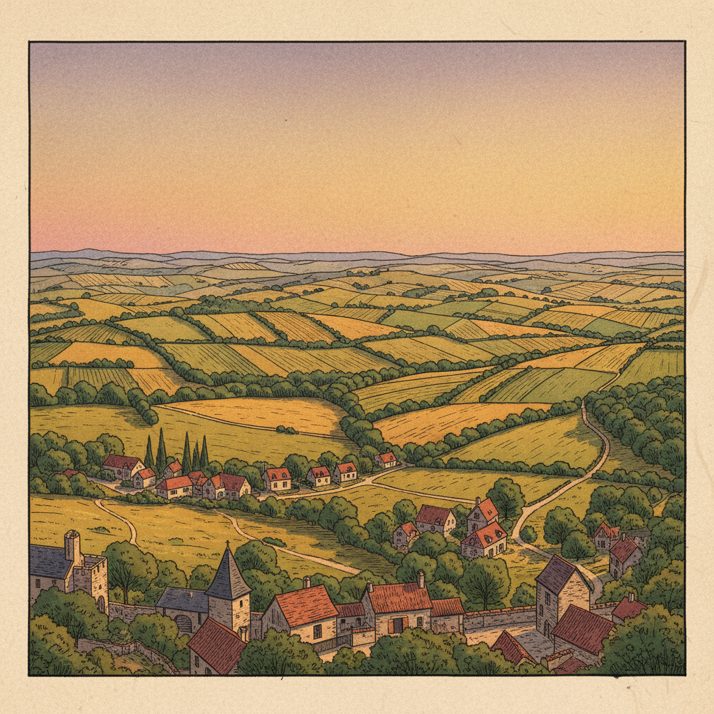 An artistic rendering of a panoramic view from Vézelay hill, showing the picturesque French countryside with rolling hills and traditional houses, warm lighting, textured background, illustration style, 4:3 aspect ratio, no text.