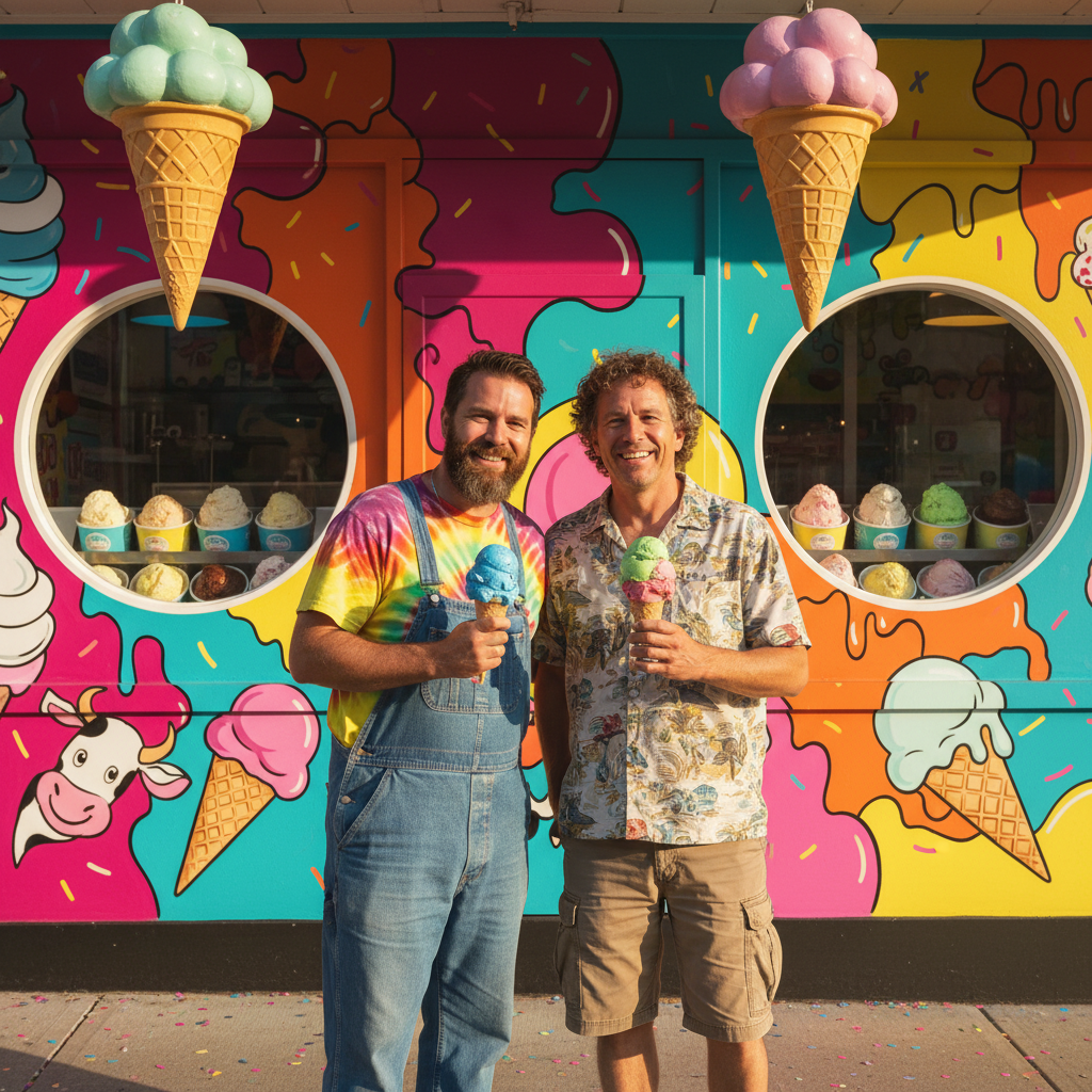 Two friendly male ice cream founders standing in front of a colorful ice cream shop, Ben and Jerry inspired, bright lifestyle photography, cinematic lighting, rich colors, no text