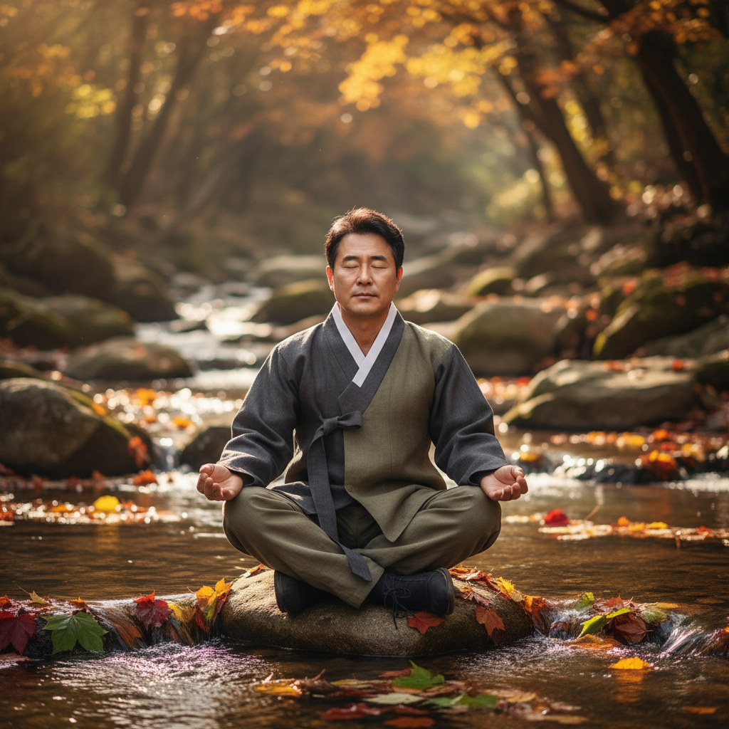A serene Korean man sitting calmly amidst a gentle, flowing stream with colorful leaves floating by. He has a peaceful expression, meditating or contemplating, symbolizing inner strength and adaptability. Lifestyle photography, warm natural lighting, soft textured background, no visible text.