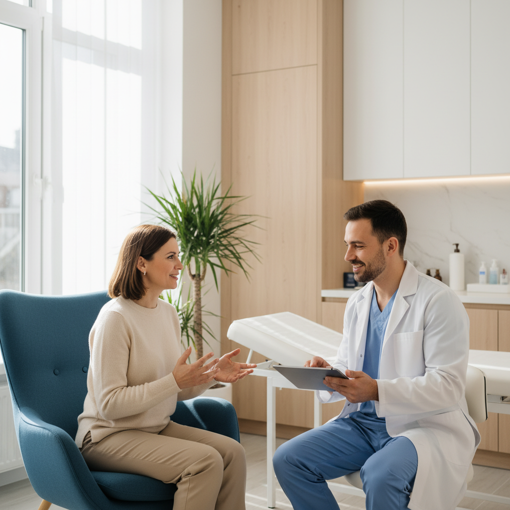 A scene of a patient talking to a doctor in a modern clinic, natural lighting, clean composition, professional setting, no text