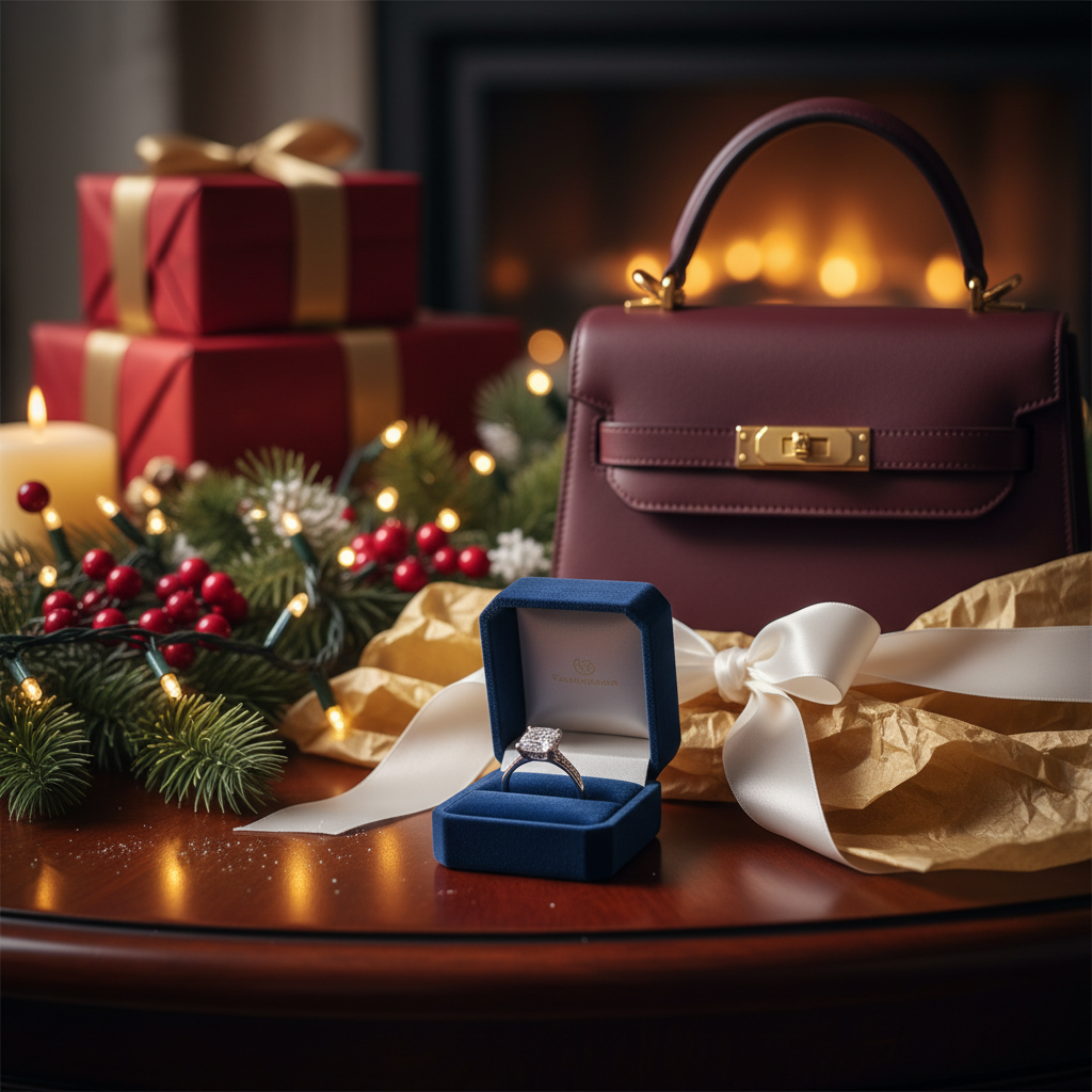 A luxurious holiday gift scene with a diamond ring and a designer handbag on a wooden table, warm ambient lighting, festive decorations in the background, high contrast, no text