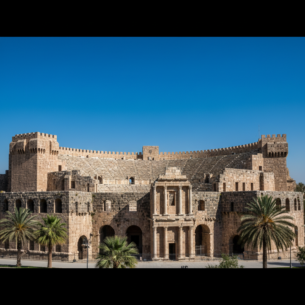 An exterior view of the Ayyubid citadel surrounding the Roman theater in Bosra, architectural layering of different eras, clear blue sky, majestic composition, no text, 4:3