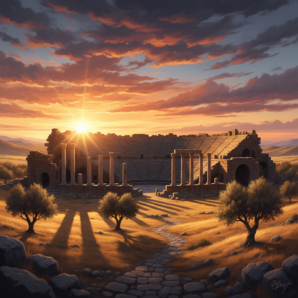 Sunset over the ruins of Bosra, golden hour lighting, peaceful landscape, ancient stone structures reflecting the light, high contrast, artistic rendering, 4:3