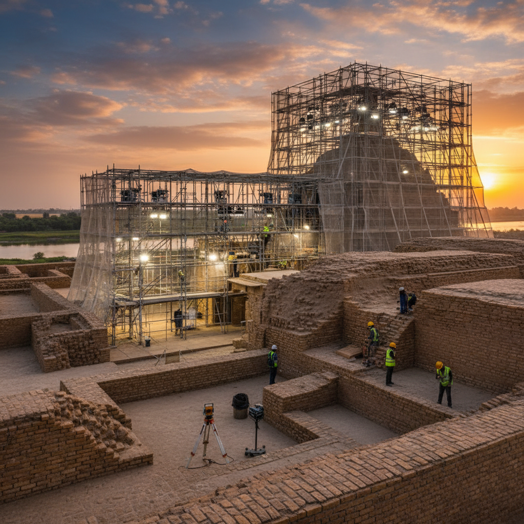 Modern architectural conservation scene at an archaeological site in Pakistan, sunset glow, protective scaffolding, professional lighting, historical preservation theme, no text