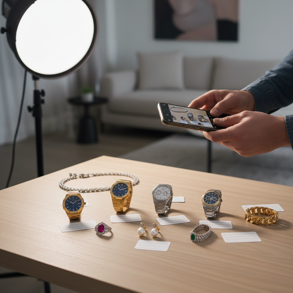 A person taking a photo of a luxury watch and jewelry for insurance inventory, smartphone in hand, professional lighting, modern home setting, no text