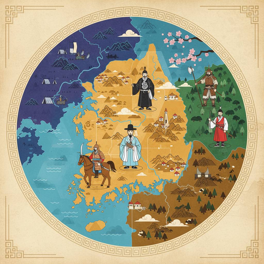 A complex illustration showing a map of Goryeo and surrounding territories during its late period, with several key figures representing different political factions. Style: detailed infographic with a textured background. No text, clean infographic, modern layout, high contrast, bright, balanced lighting.