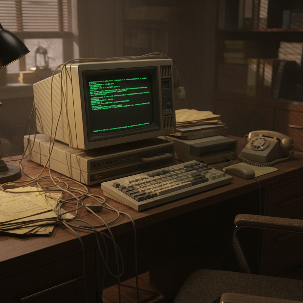 An old fashioned heavy personal computer with green text on a black monitor, complex wiring, 1980s office setting, moody lighting, detailed textures, no text