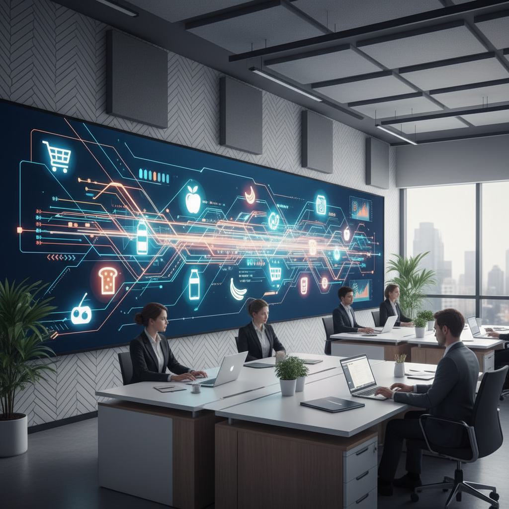 A modern office setting with a large screen displaying abstract data visualizations and grocery item icons, clean infographic style, professional atmosphere, vibrant colors, no text