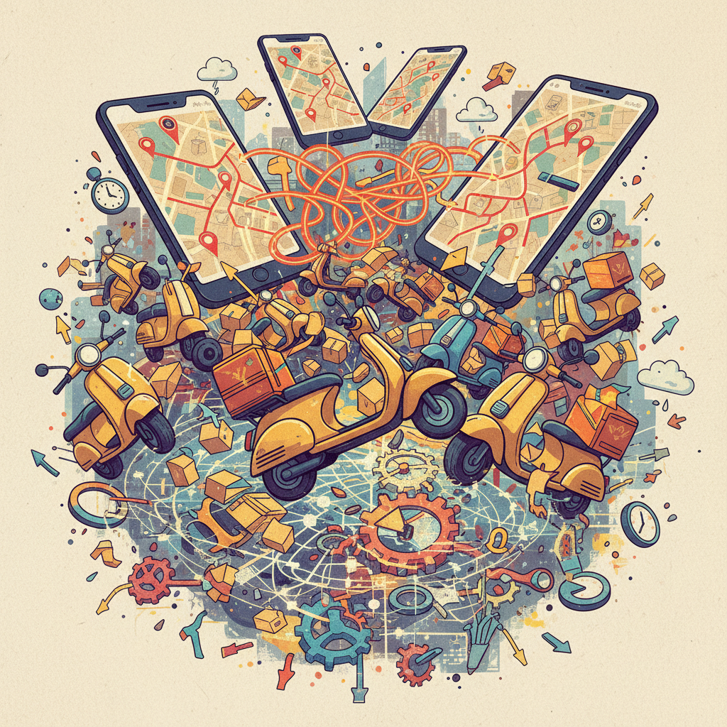 A dynamic and slightly chaotic illustration depicting the reasons for delivery problems. Show multiple delivery scooters, smartphones with overlapping map routes, and a subtle representation of a complex, error-prone system. The focus is on the overwhelming demand and logistical challenges, with a textured background. Illustration, artistic rendering, textured background, no visible text.