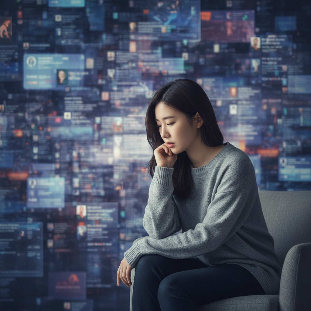 A Korean person sitting in a quiet, slightly melancholic pose amidst a visually busy backdrop of digital screens and blurred social media feeds, symbolizing information overload. The lighting is soft but balanced, reflecting contemplation. Style: lifestyle photography with a hint of modern realism. No visible text.