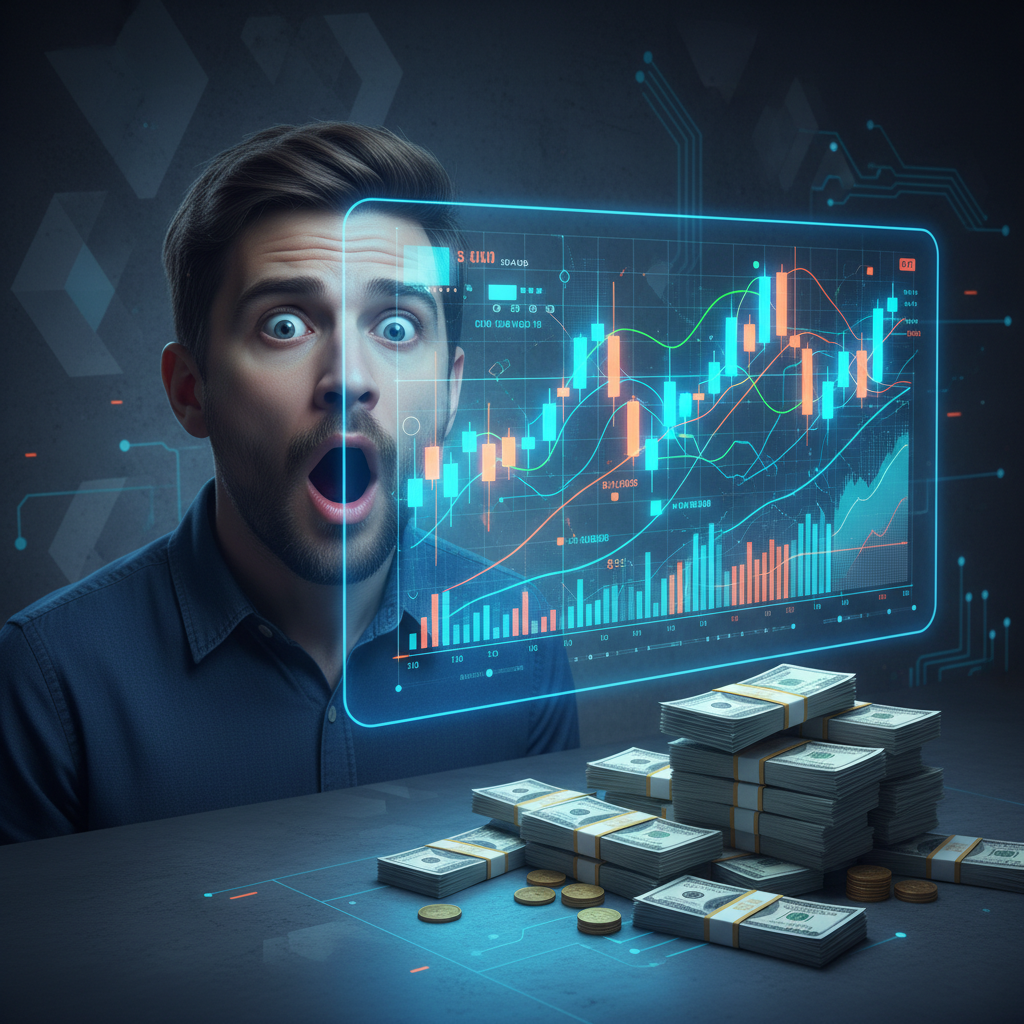 A person with a look of astonishment, observing a complex stock chart with stacks of cash in the foreground, clean infographic style, high contrast, textured background, no text