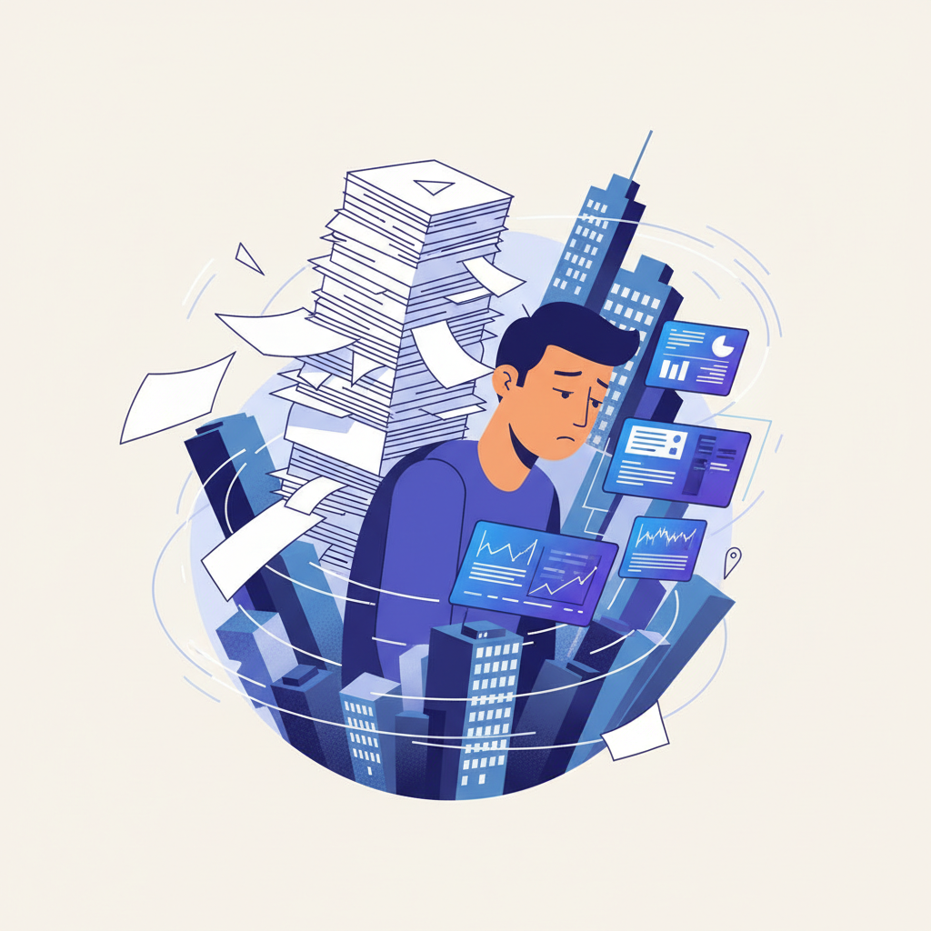 An illustration depicting a modern person, with a slightly slumped posture and tired expression, surrounded by abstract representations of stress: overflowing documents, digital screens, and a busy city backdrop, emphasizing mental and physical exhaustion. Style: clean infographic, modern layout, high contrast. No text.