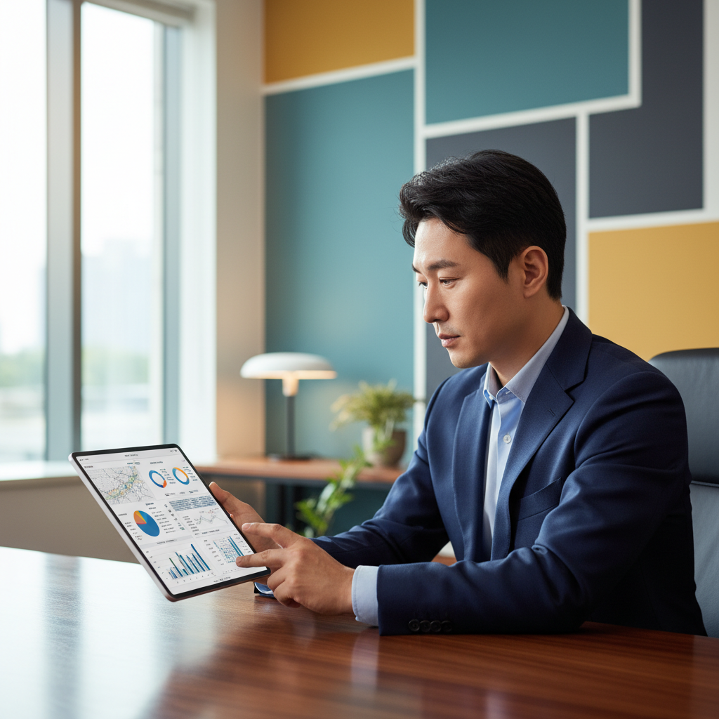 A Korean male investor in a modern office analyzing real estate data on a tablet, professional business setting, soft natural lighting, depth of field, colored wall background, no text