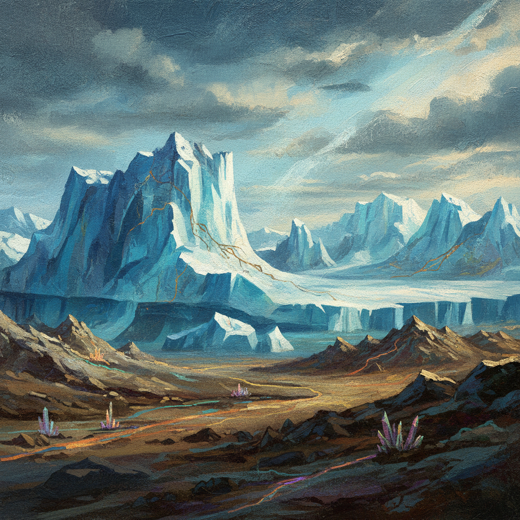 A majestic view of Greenland icebergs and rocky terrain, showing hints of mineral resources underground, artistic rendering, textured background, cold blue and earthy tones