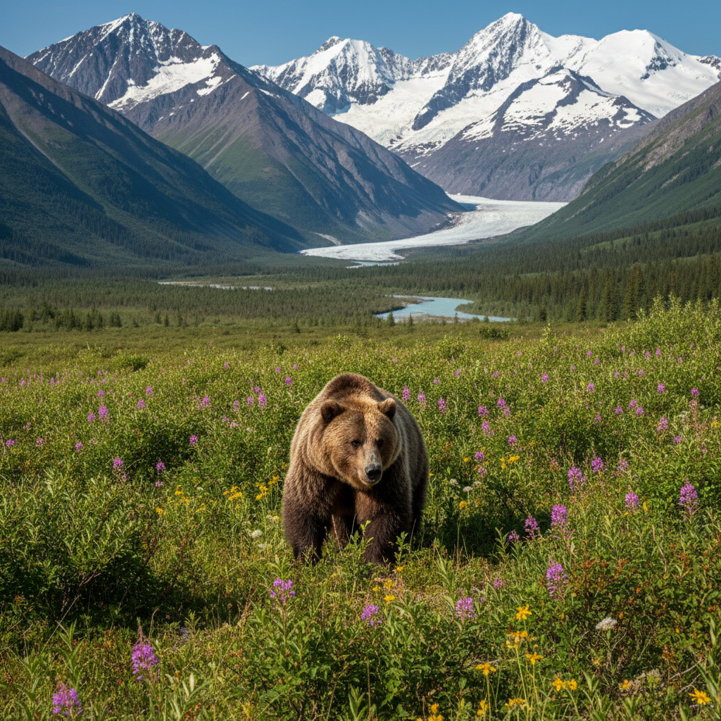 A majestic grizzly bear freely roaming in its natural habitat within Kluane National Park, surrounded by lush vegetation and distant mountains, wildlife photography style, rich natural background, no text