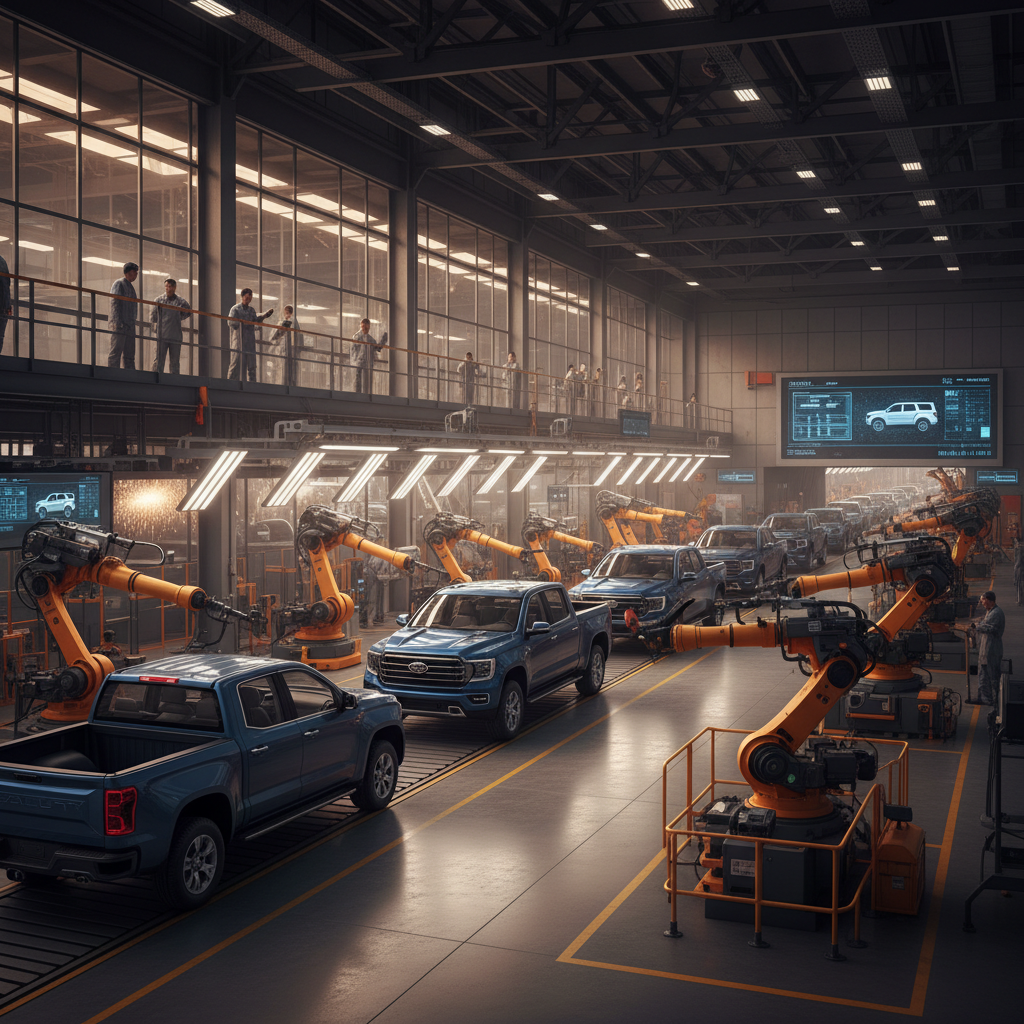 A high tech automotive manufacturing facility showing the assembly of large pickup trucks and SUVs, industrial aesthetic, warm lighting, no text