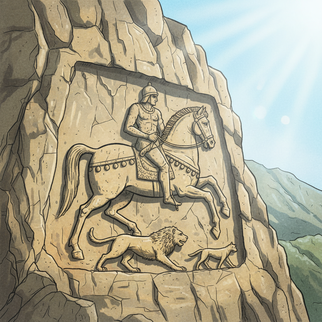 Madara Rider carving on a cliff face, ancient rock art, illustration, artistic rendering, textured background, bright lighting, no text, no Korean characters