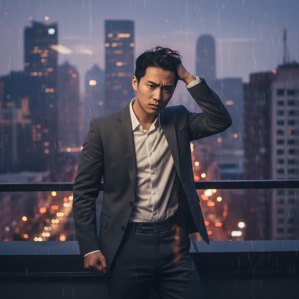 A young Chinese man with a worried expression, looking at a bustling city background with dimmed lights, reflecting economic uncertainty, realistic photography, warm lighting, textured background, no text, aspect_ratio: 4:3