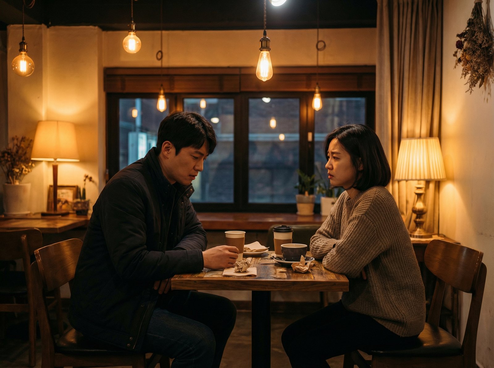 A Korean man and woman sitting in a stylish cafe looking tense and anxious during a conversation, warm but dim lighting, expressive faces, lifestyle photography, 4:3