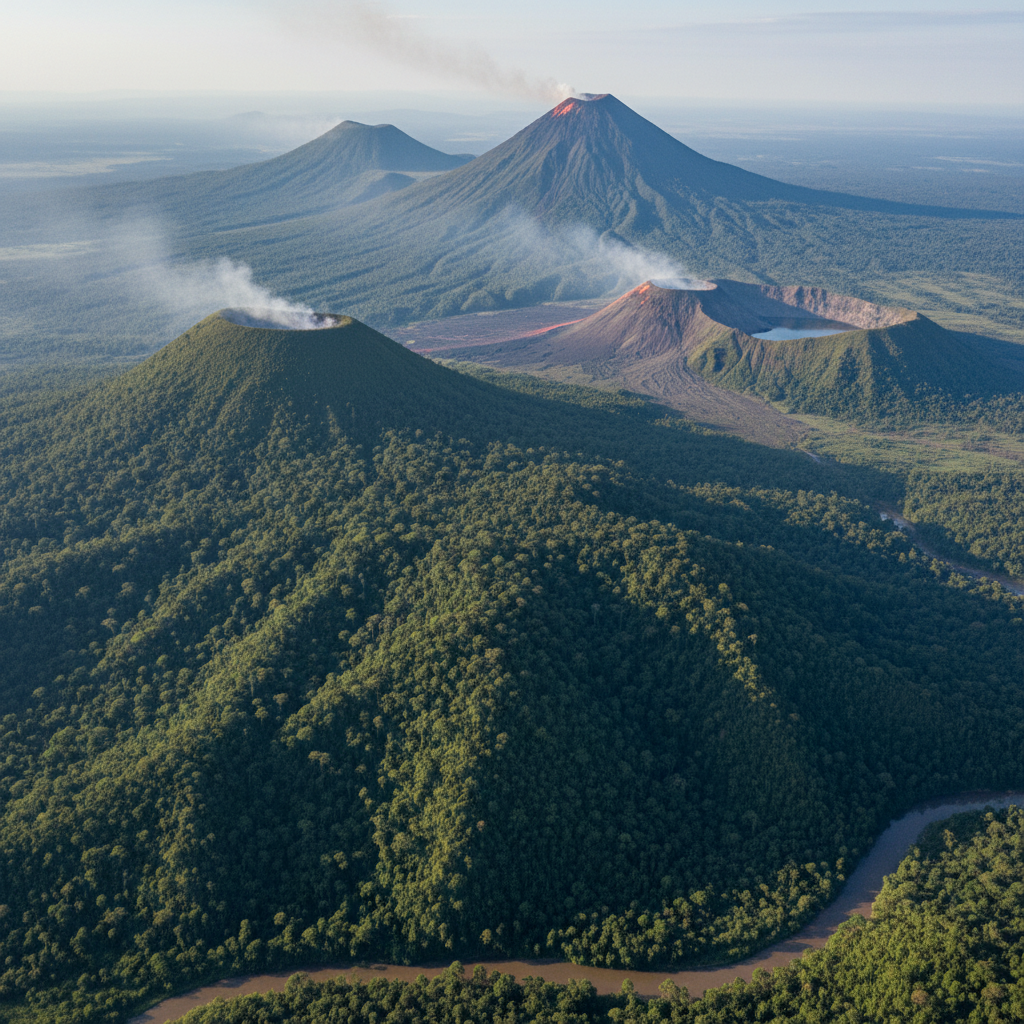 A breathtaking aerial view of Virunga National Park, lush green mountains, active volcanoes, dense jungle, bright balanced lighting, natural setting, no text, 4:3 aspect ratio