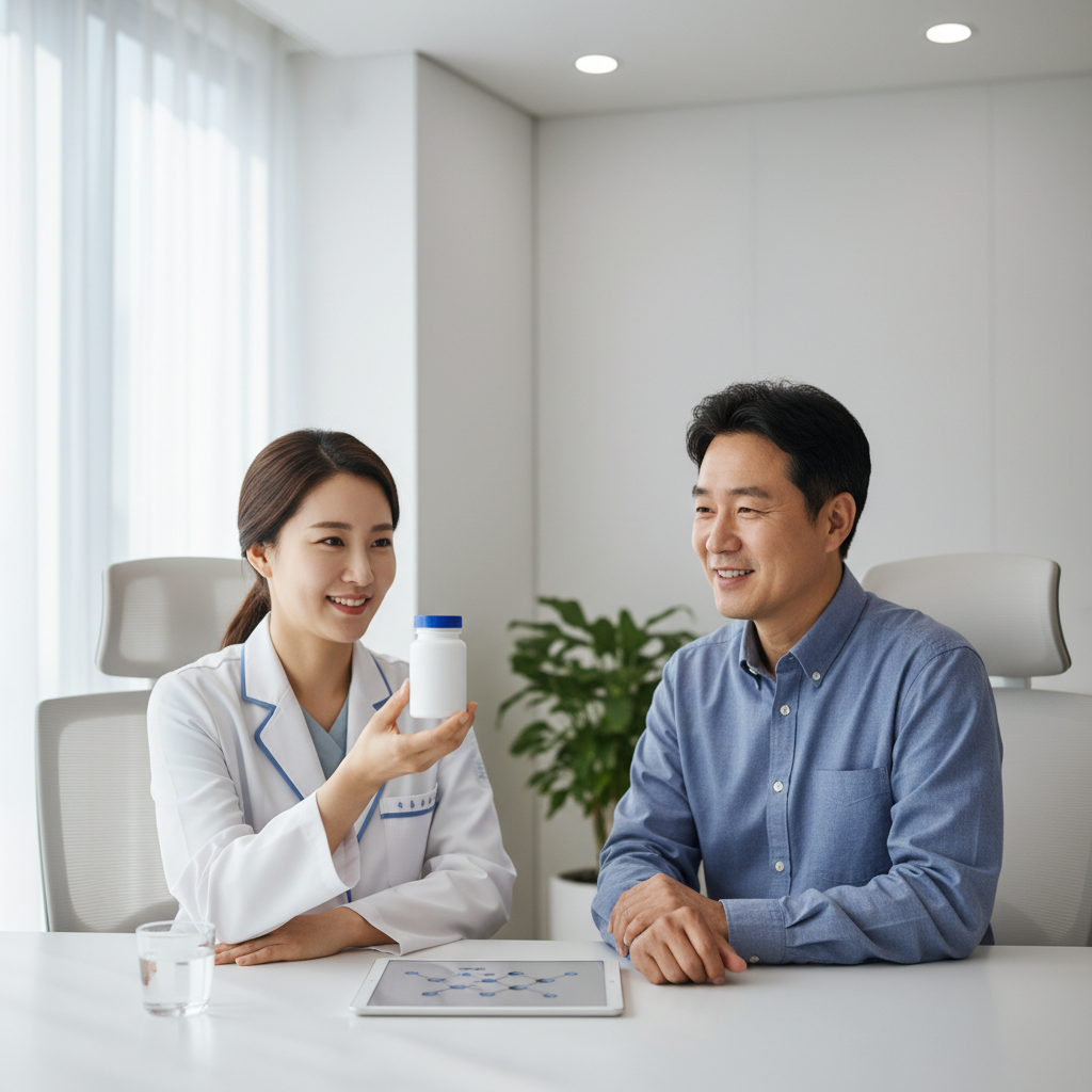 A modern medical setting showing a doctor discussing a new medication pill with a patient, clean clinical environment, soft natural lighting, focus on a small pill bottle, Korean doctor and patient, no text