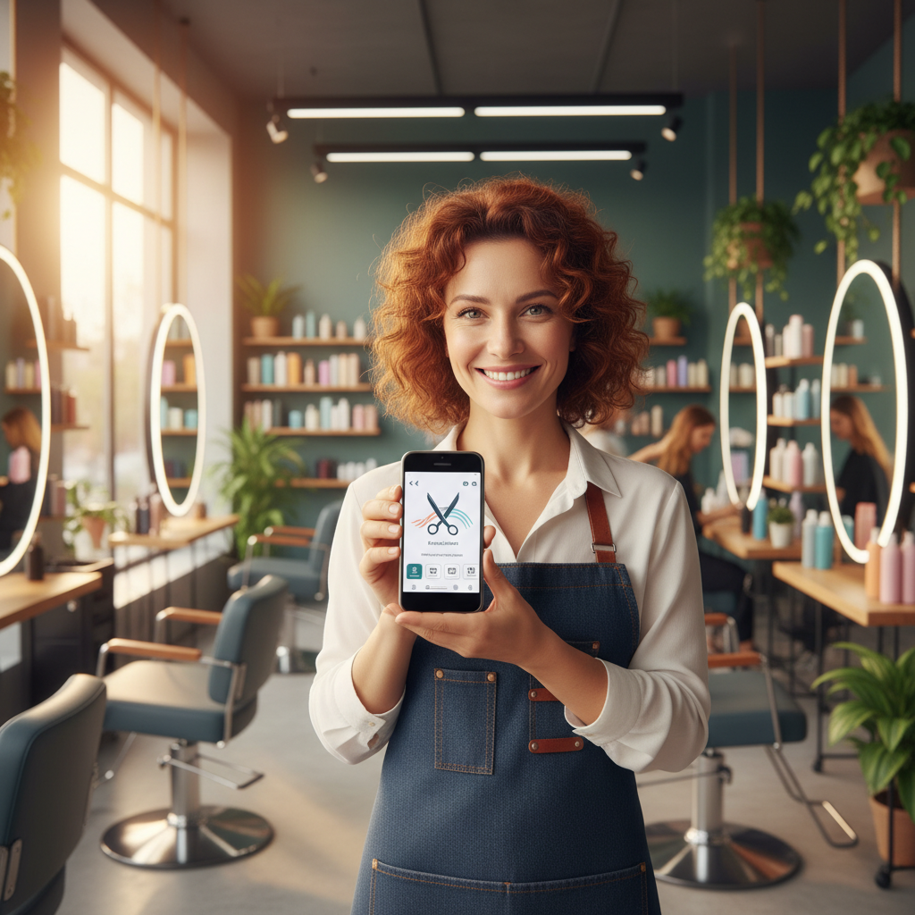A cheerful female hair salon owner holding a smartphone displaying her own custom-built mobile app, natural expression, vibrant salon background, professional photography, warm lighting, no text