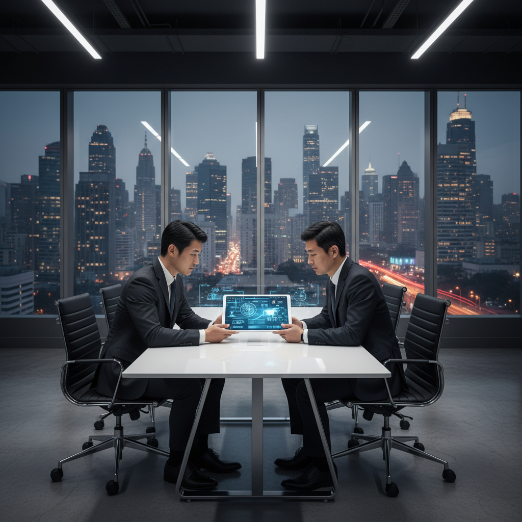 A professional business meeting between a Korean executive and a Chinese partner in a high-tech office, looking at a digital tablet together, modern corporate setting, large windows with city view, no text