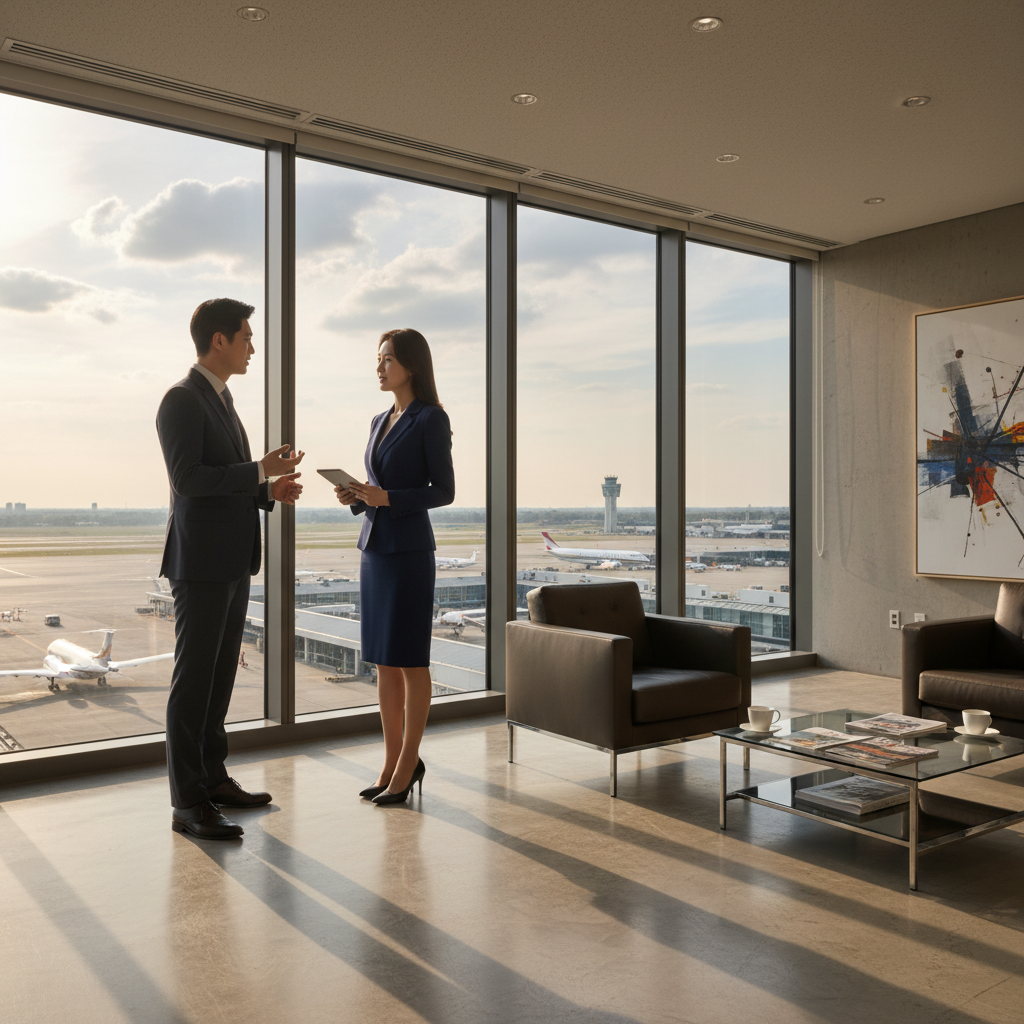 Two professional Korean business executives having a discussion in a modern corporate office with a view of an airfield, realistic lighting, sophisticated atmosphere, no text