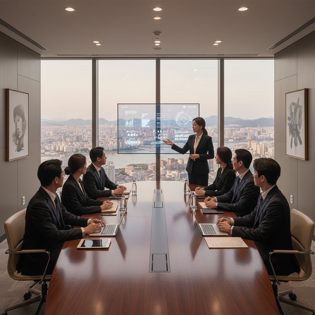 Professional business meeting in a high-end conference room, Seoul city view outside, professional Korean people, confident atmosphere, no text