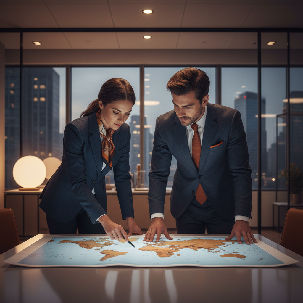 Two professional business people having a serious discussion over a world map, lifestyle photography, modern office setting, warm lighting, deep blue and orange tones, no text