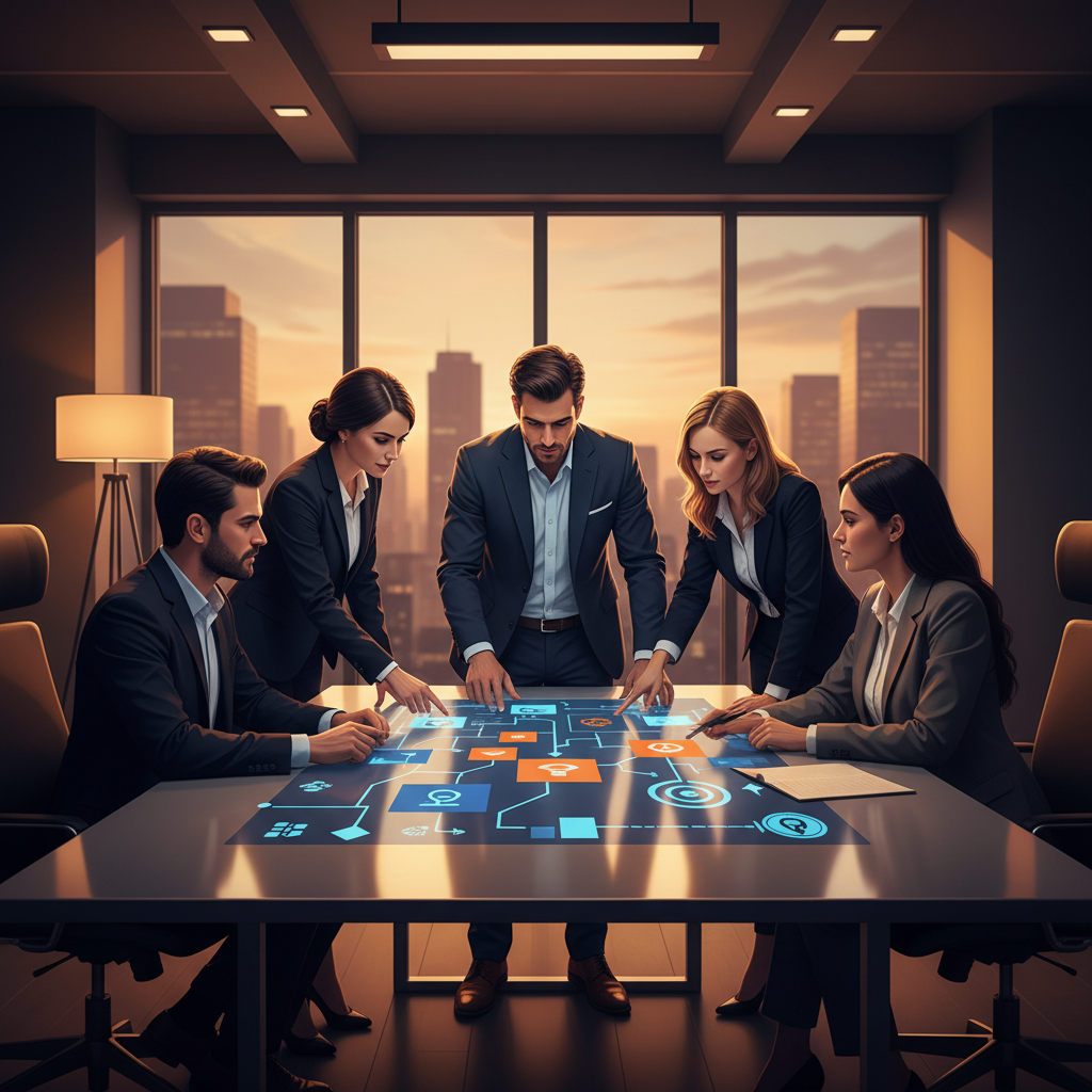 A professional business meeting in a modern office, diverse team discussing strategy, clean infographic style layout, high contrast, warm interior lighting, no text