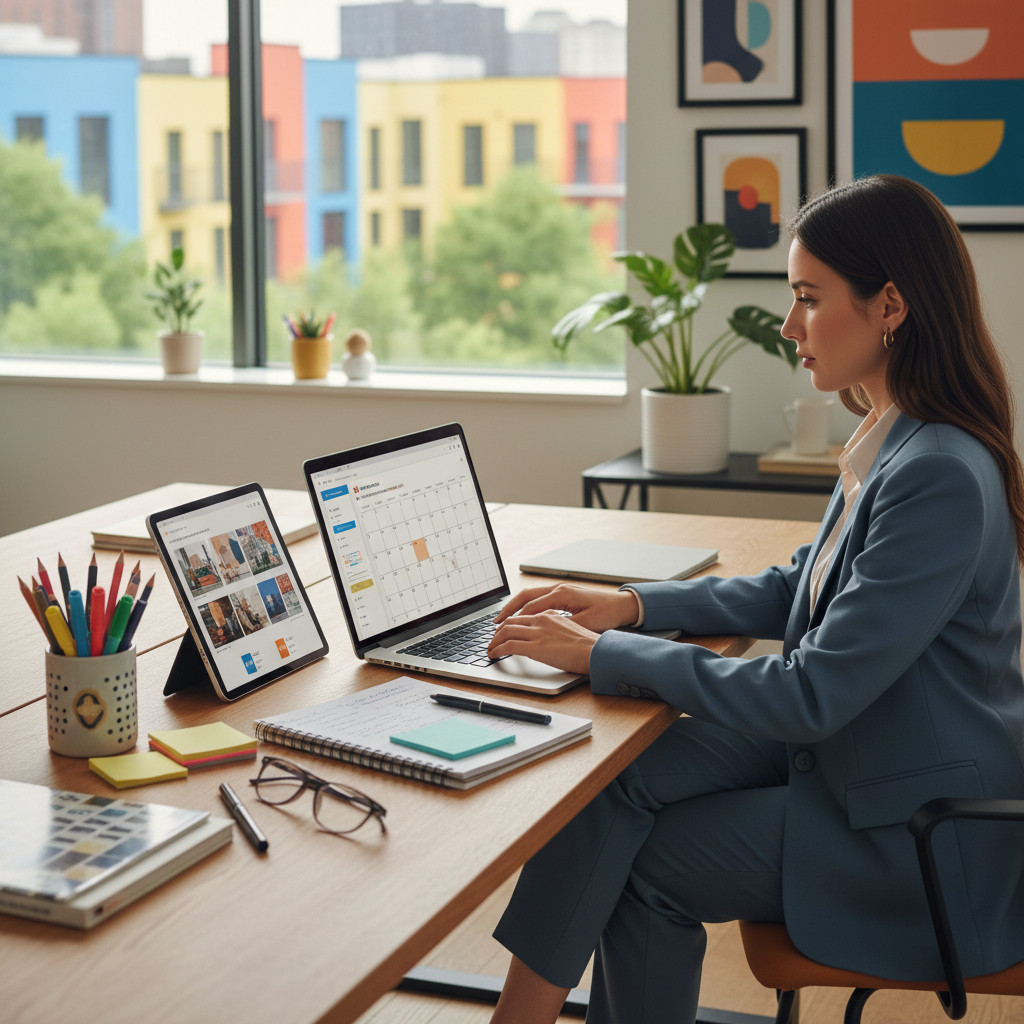 A professional woman planning on a laptop with journal supplies nearby, bright and modern office setting, vibrant background, no text